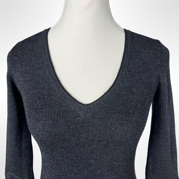 MILLY Small Charcoal Gray Merino Wool Knit Sweater Dress Ruffle Sleeve V Neck - Picture 2 of 6